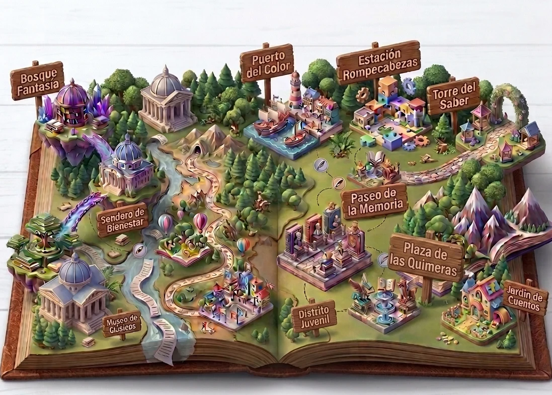 Mapa ilustrado de Lectulandia sobre un libro abierto, con doce destinos de lectura